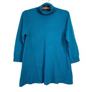Lands End Wmns Sz XS Sweater 100% Merino Wool Aqua Blue Flare Waist 3/4 Slv NWOT